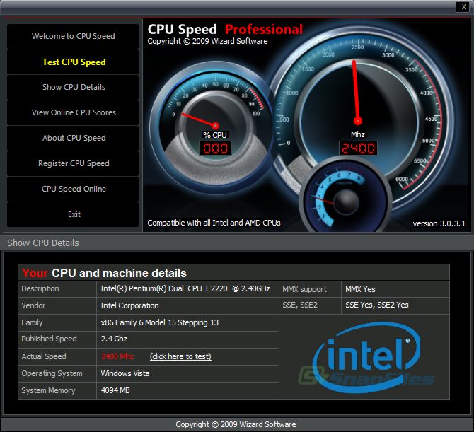 screenshot of CPU Speed Professional