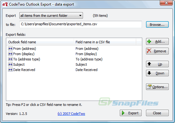 screen capture of CodeTwo Outlook Export