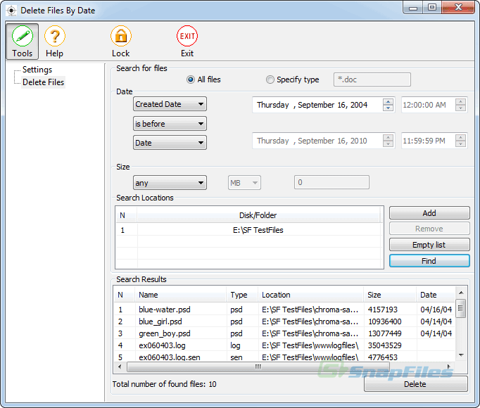 screen capture of Delete Files By Date