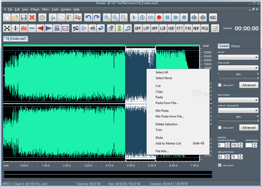 screen capture of Dexster Audio Editor