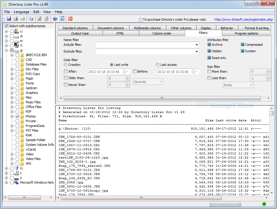 screenshot of Directory Lister Pro