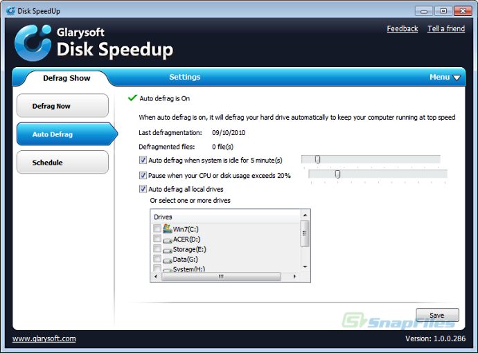 screenshot of Glarysoft Disk SpeedUp