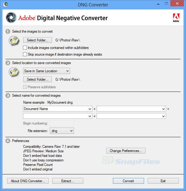 screen capture of Adobe DNG Converter