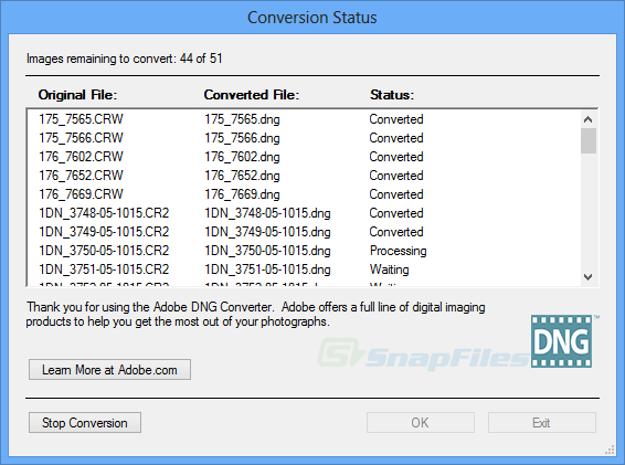 screenshot of Adobe DNG Converter
