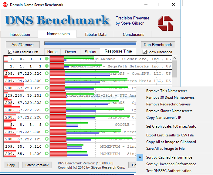 screen capture of DNS Benchmark