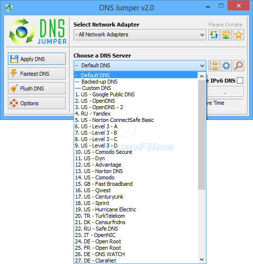 screen capture of DNS Jumper