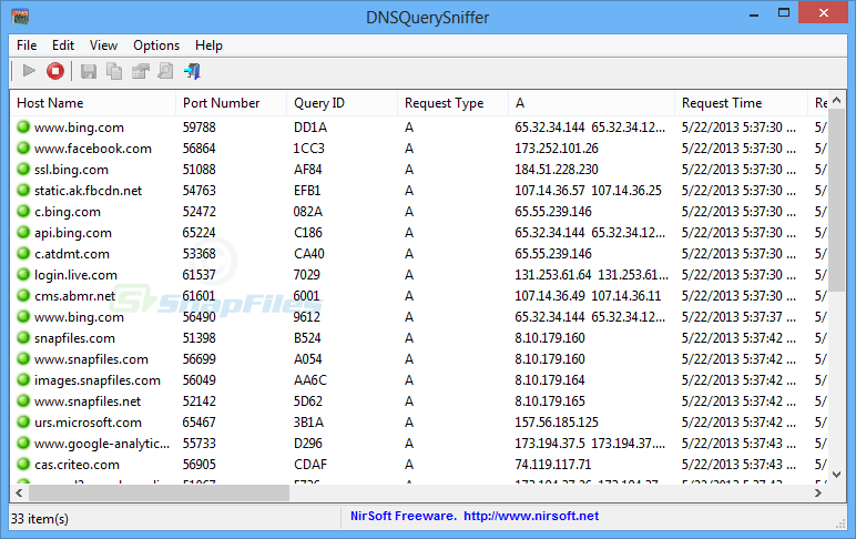 screen capture of DNSQuerySniffer