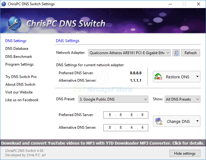 screen capture of ChrisPC DNS Switch