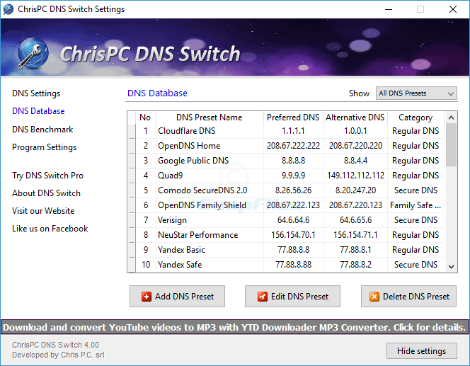screenshot of ChrisPC DNS Switch