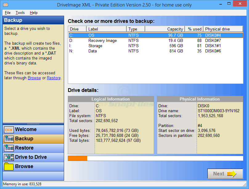 screen capture of DriveImage XML (Private Edition)