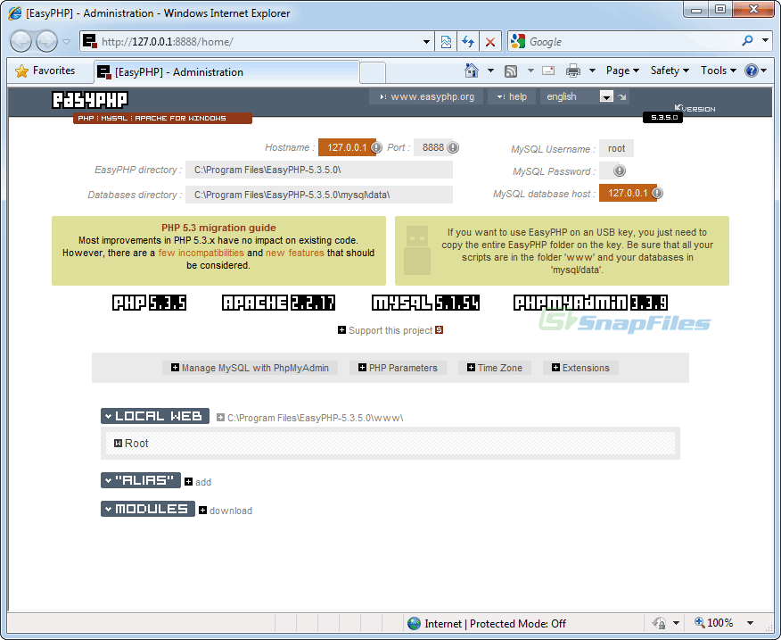 screen capture of EasyPHP