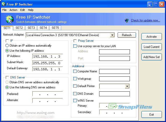 screen capture of Eusing Free IP Switcher