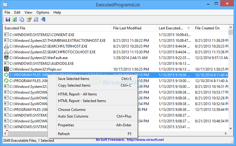 screen capture of ExecutedProgramsList