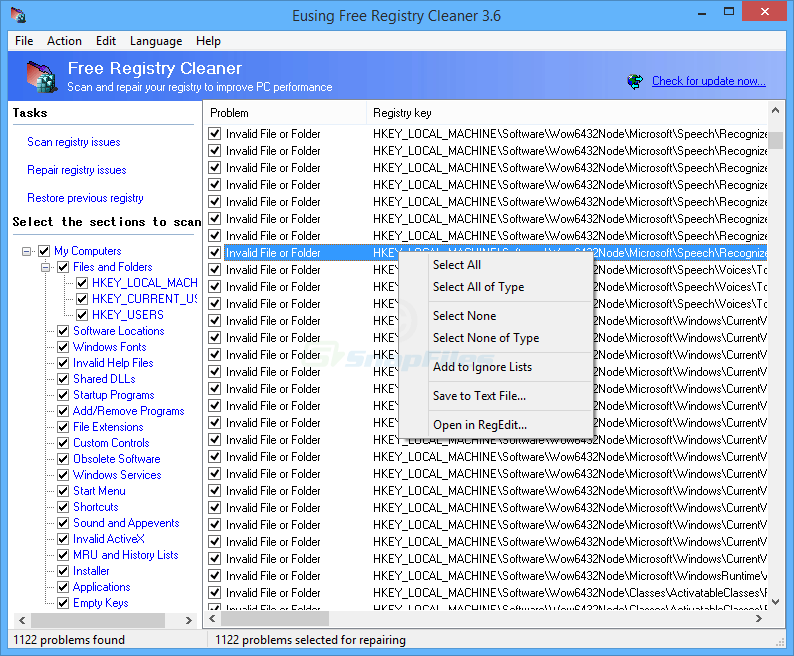 screen capture of Eusing Free Registry Cleaner