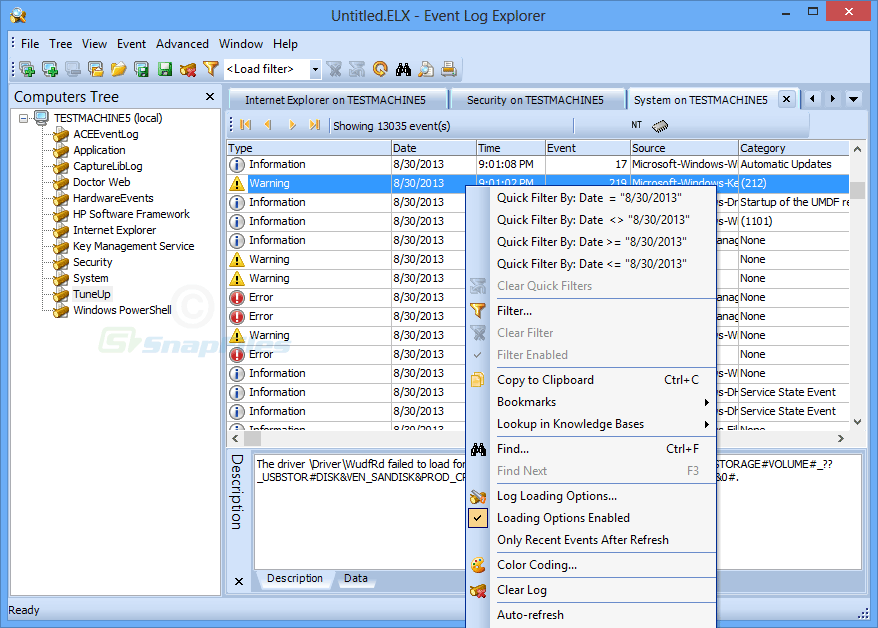 screenshot of Event Log Explorer