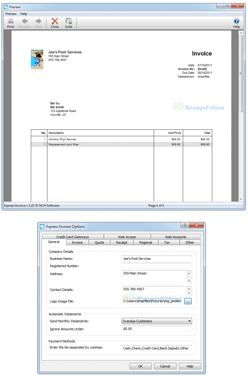 screenshot of Express Invoice