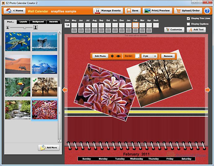 screen capture of EZ Photo Calendar Creator