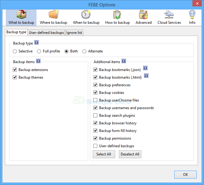screen capture of Firefox Extension Backup (FEBE)