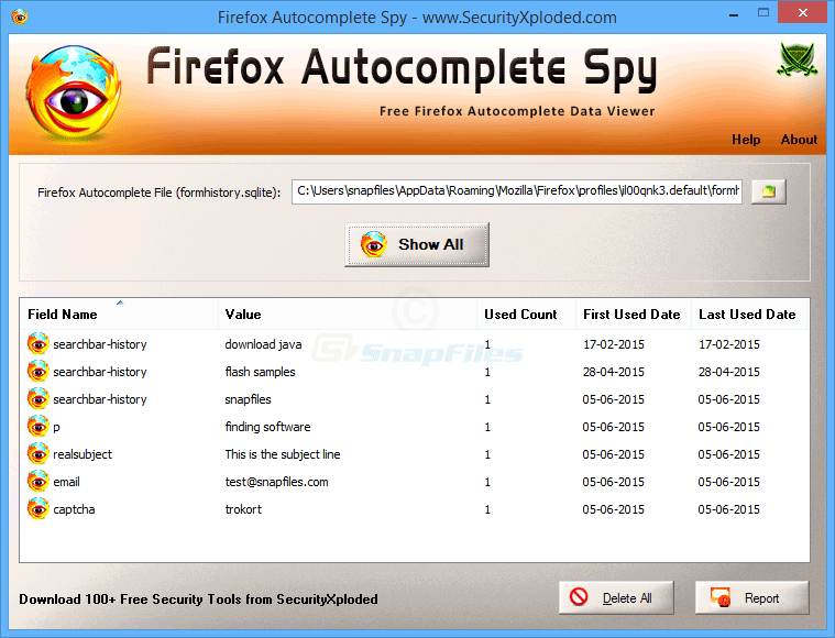 screen capture of Firefox Autocomplete Spy