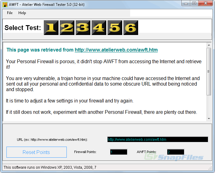 screen capture of Atelier Web Firewall Tester