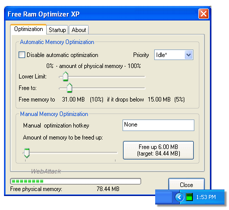 screen capture of Free RAM Optimizer XP