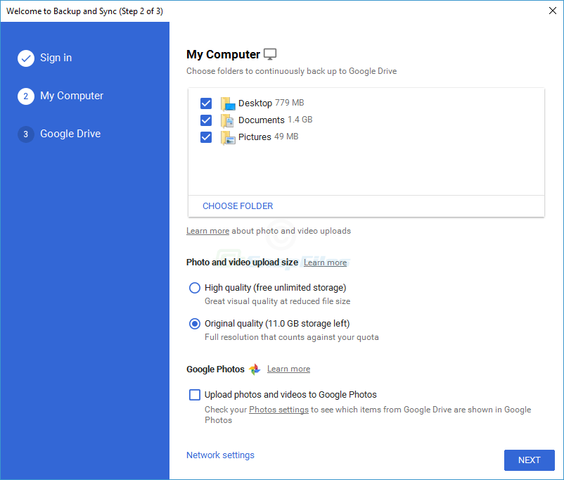 screen capture of Google Backup and Sync