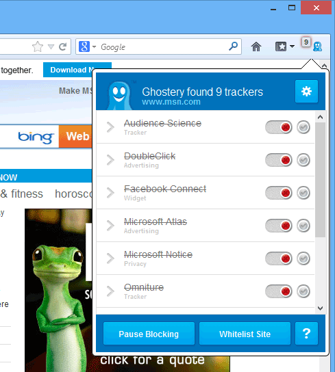 screen capture of Ghostery for Firefox