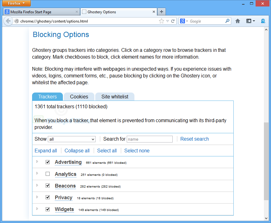 screenshot of Ghostery for Firefox