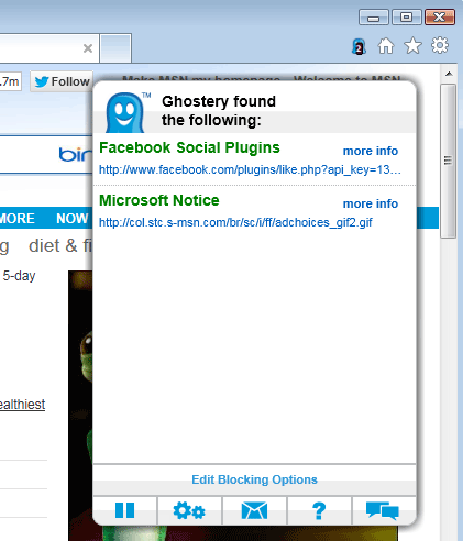 screen capture of Ghostery for IE