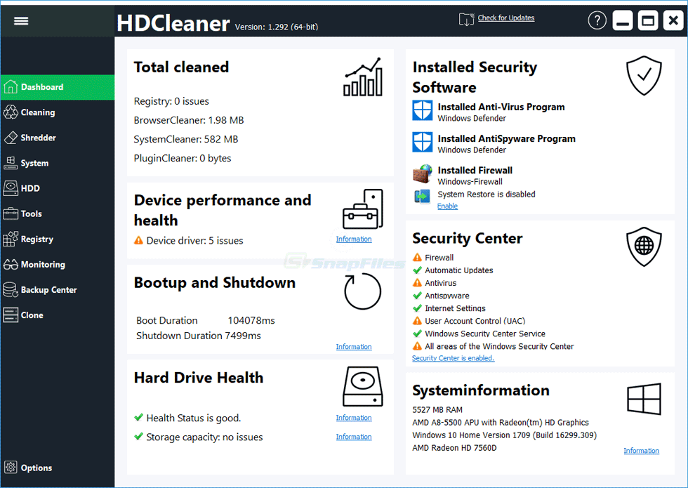 screen capture of HDCleaner