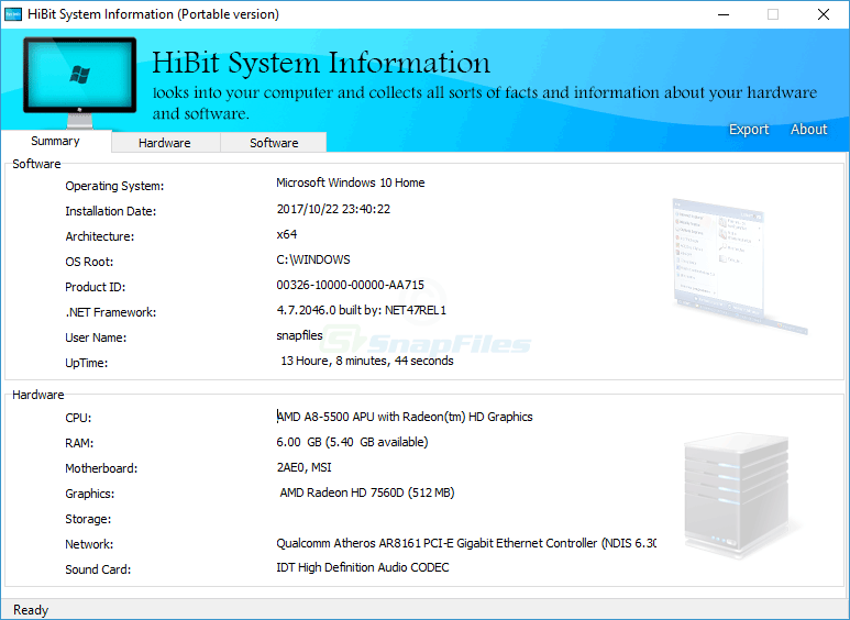 screen capture of HiBit System Information
