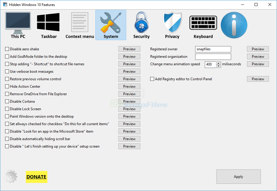 screenshot of Hidden Windows 10 Features