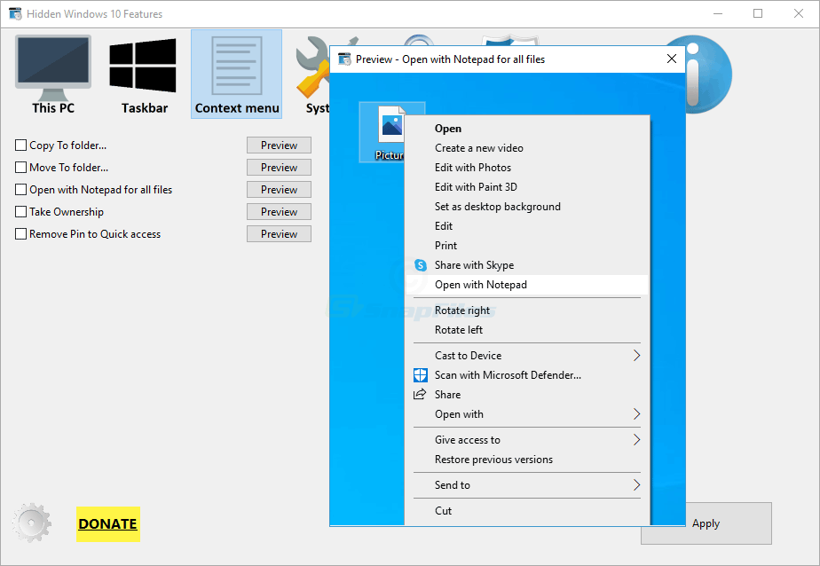 screenshot of Hidden Windows 10 Features