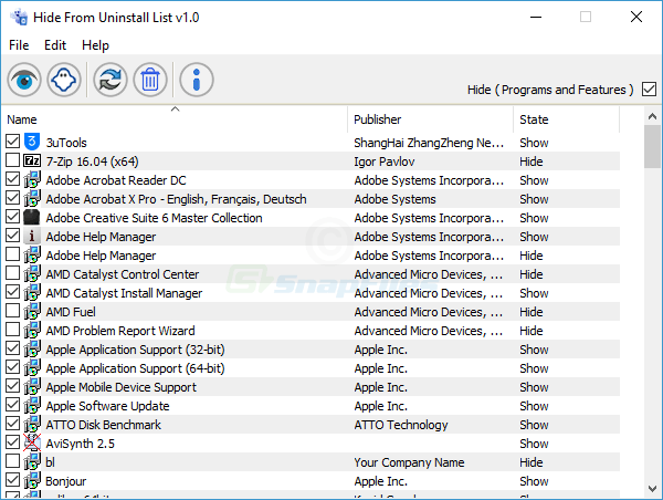 screen capture of Hide From Uninstall List 