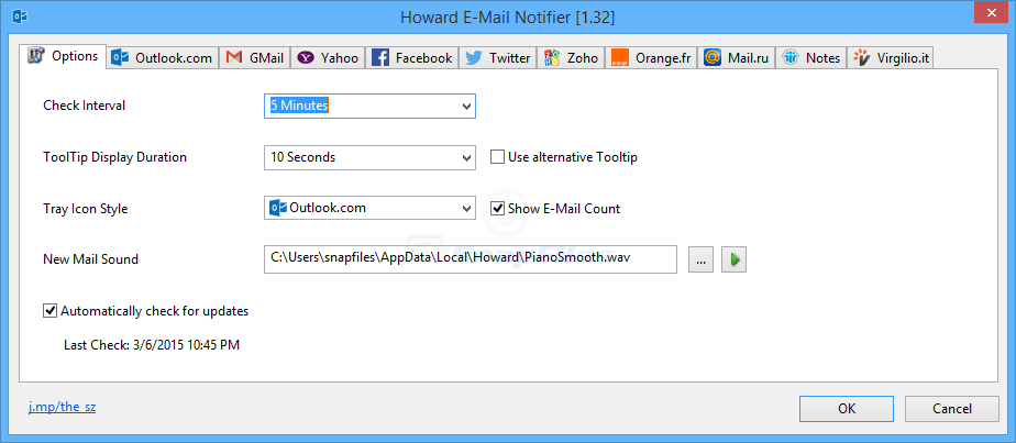 screenshot of Howard E-Mail Notifier
