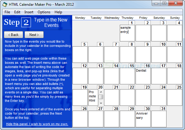 screenshot of HTML Calendar Maker Pro