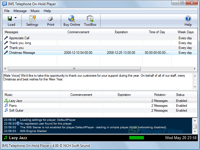 screen capture of IMS Telephone On-Hold Player