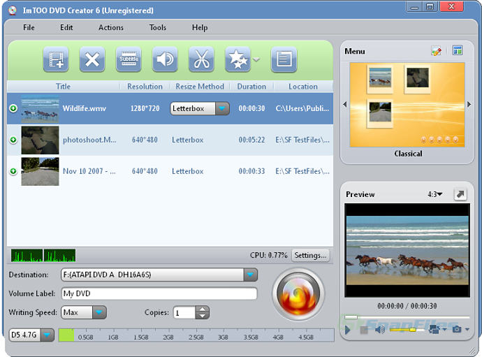 screen capture of ImTOO DVD Creator