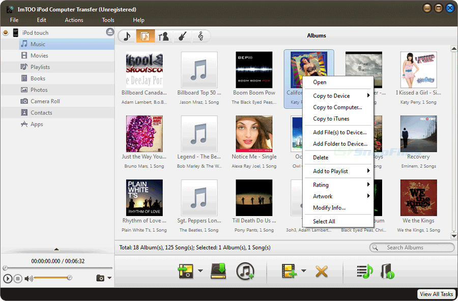 screenshot of ImTOO iPod Computer Transfer