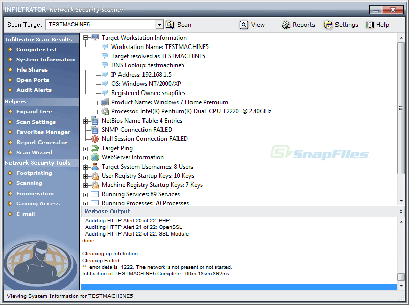 screen capture of Infiltrator Network Security Scanner
