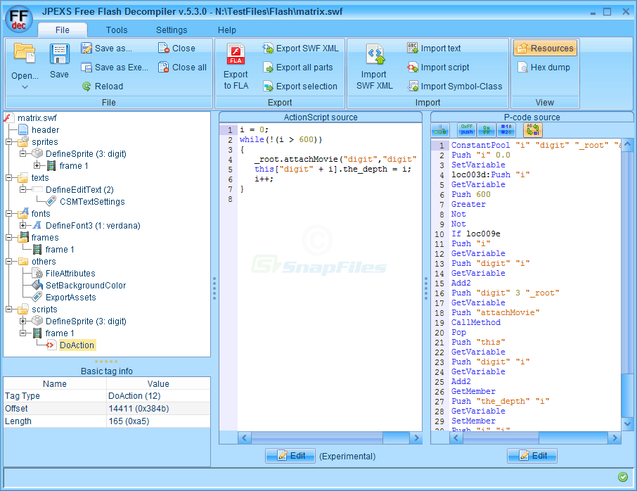 screen capture of JPEXS Free Flash Decompiler