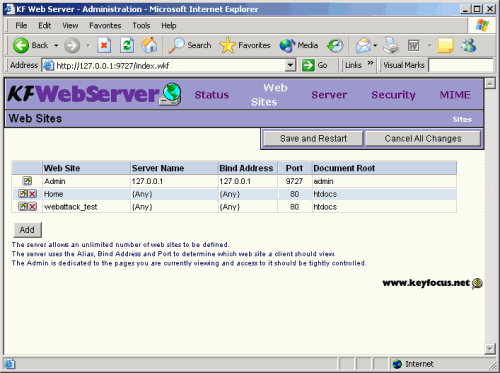screen capture of KF Web Server