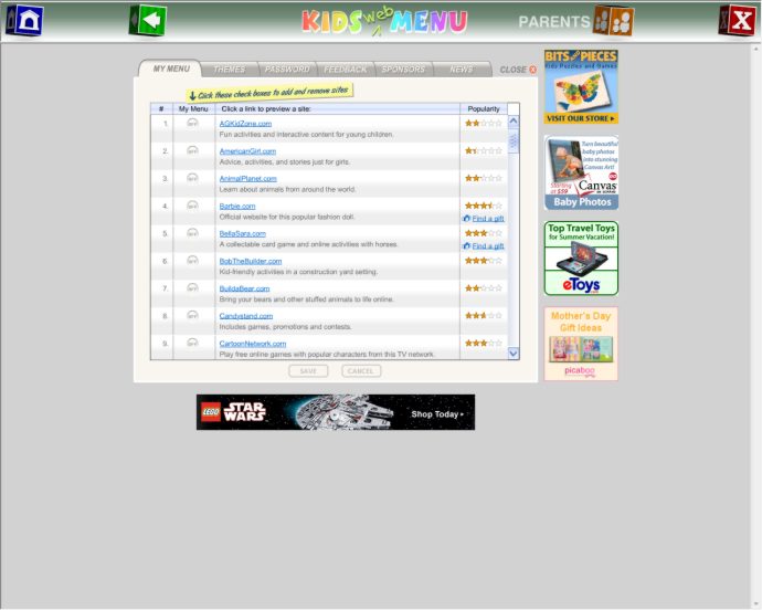 screenshot of Kids Web Menu