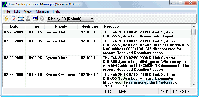 screen capture of SolarWinds Kiwi Syslog Server