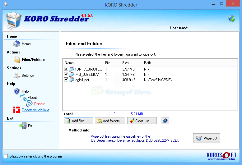 screen capture of KORO File Shredder