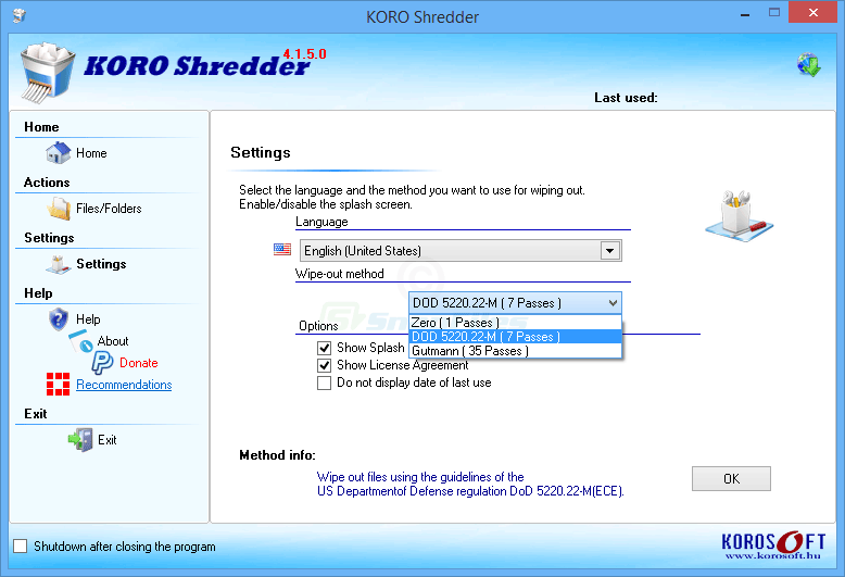 screenshot of KORO File Shredder