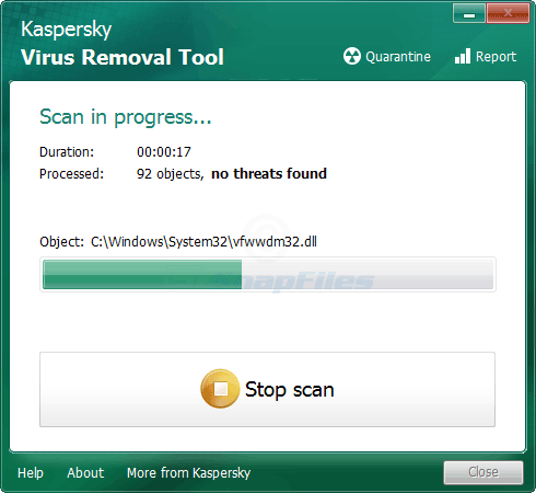 screen capture of Kaspersky Virus Removal Tool