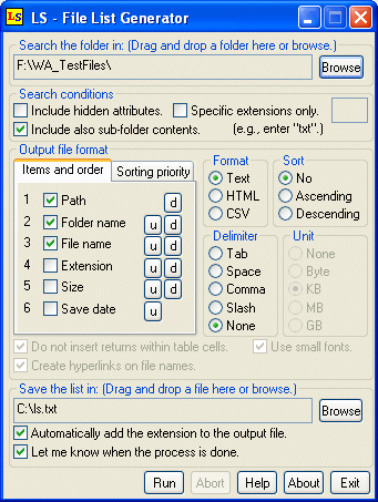 screen capture of LS - File List Generator