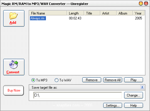 screen capture of Magic RM to MP3 Converter