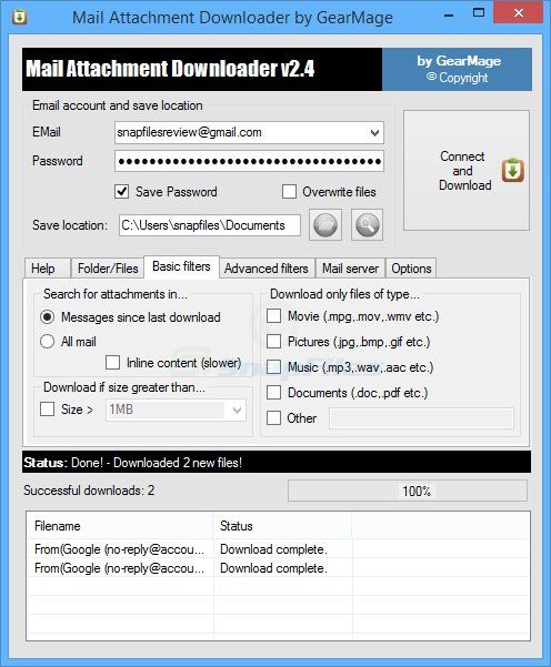 screenshot of Mail Attachment Downloader